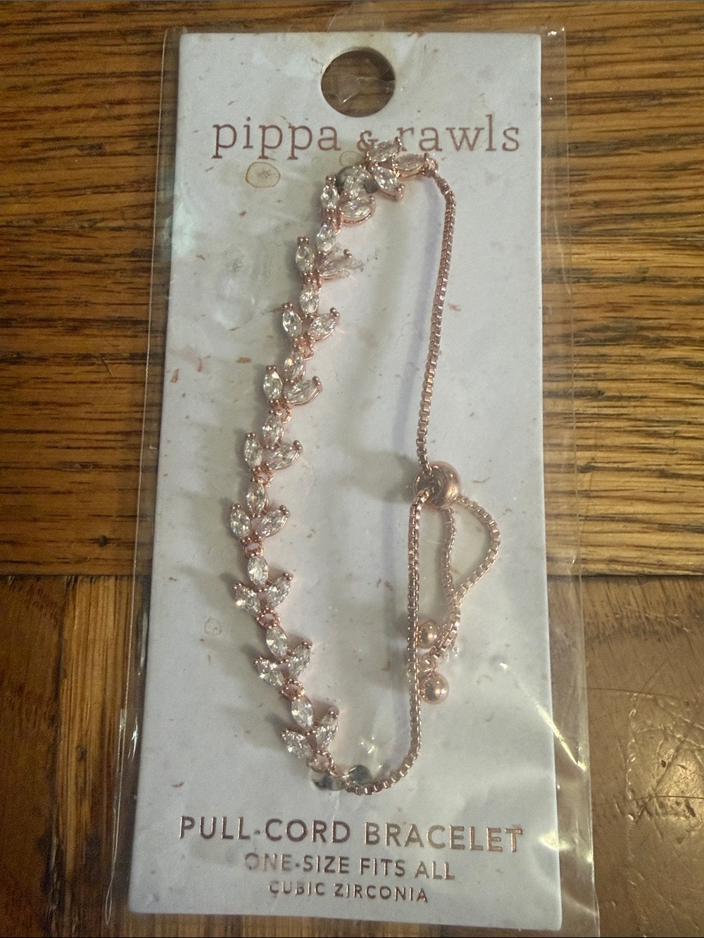 Rose Gold Cubic Zirconia Leaf Pull-Cord Bracelet